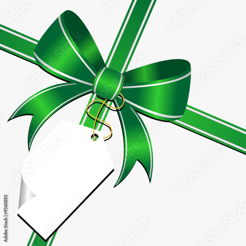 Green ornamental bow with white empty tag