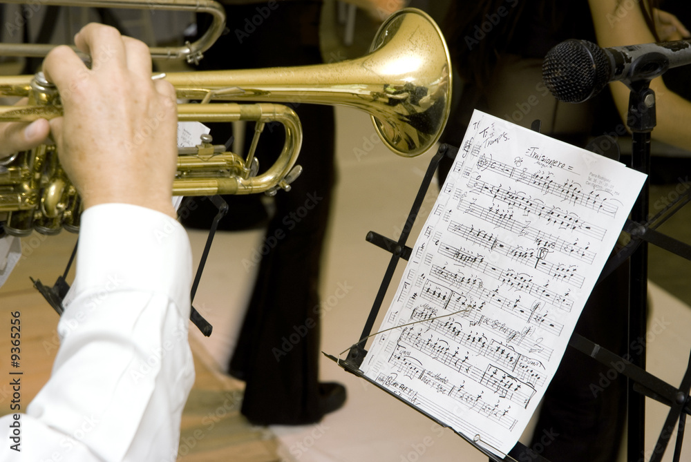 Naklejka premium A music score and a musician whit trumpet