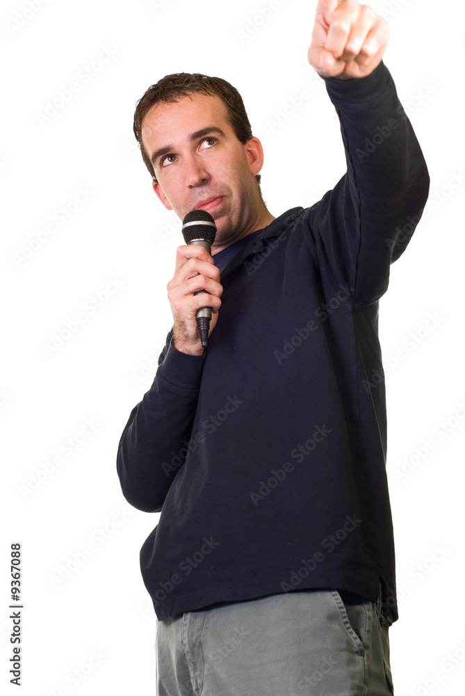 A karaoke singer isolated on a white background A karaoke singer isolated on a white background