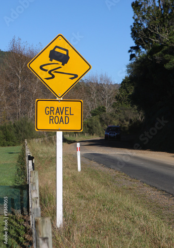 Gravel road warning sign, New Zealand