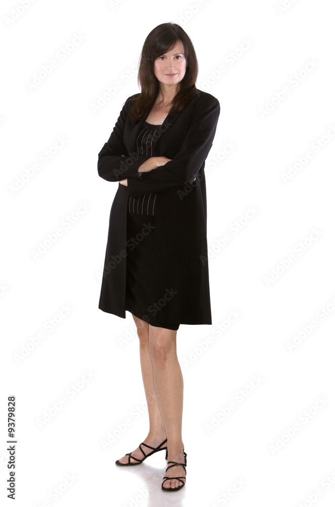 older woman wearing black jacket on white background older woman wearing black jacket on white background