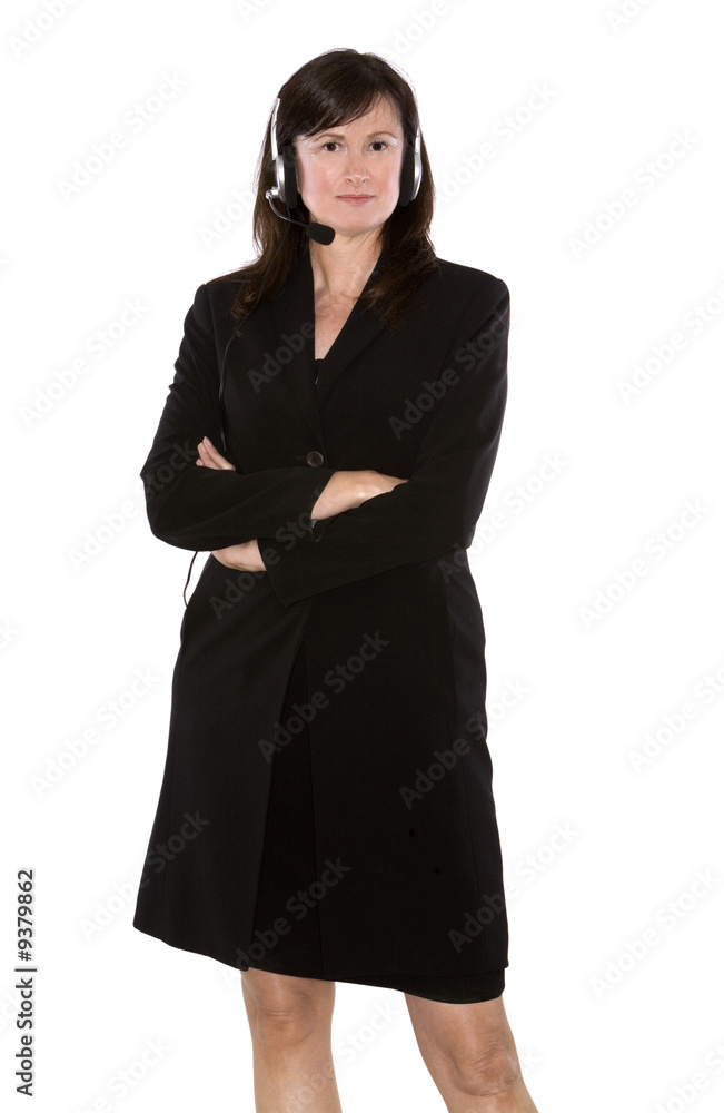 brunette with headset on the white isolated background brunette with headset on the white isolated background