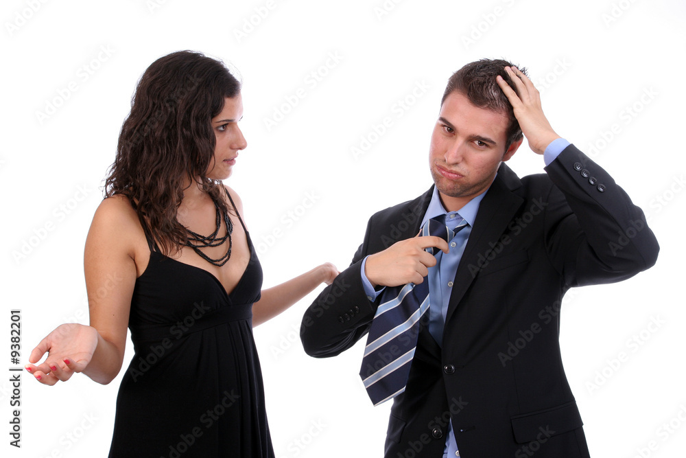 young couple discussing, isolated over white background