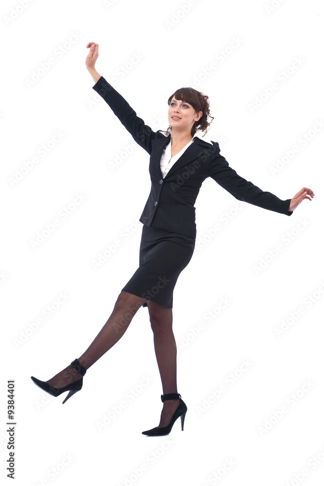 Fototapeta premium happy businesswoman ready to jump on white