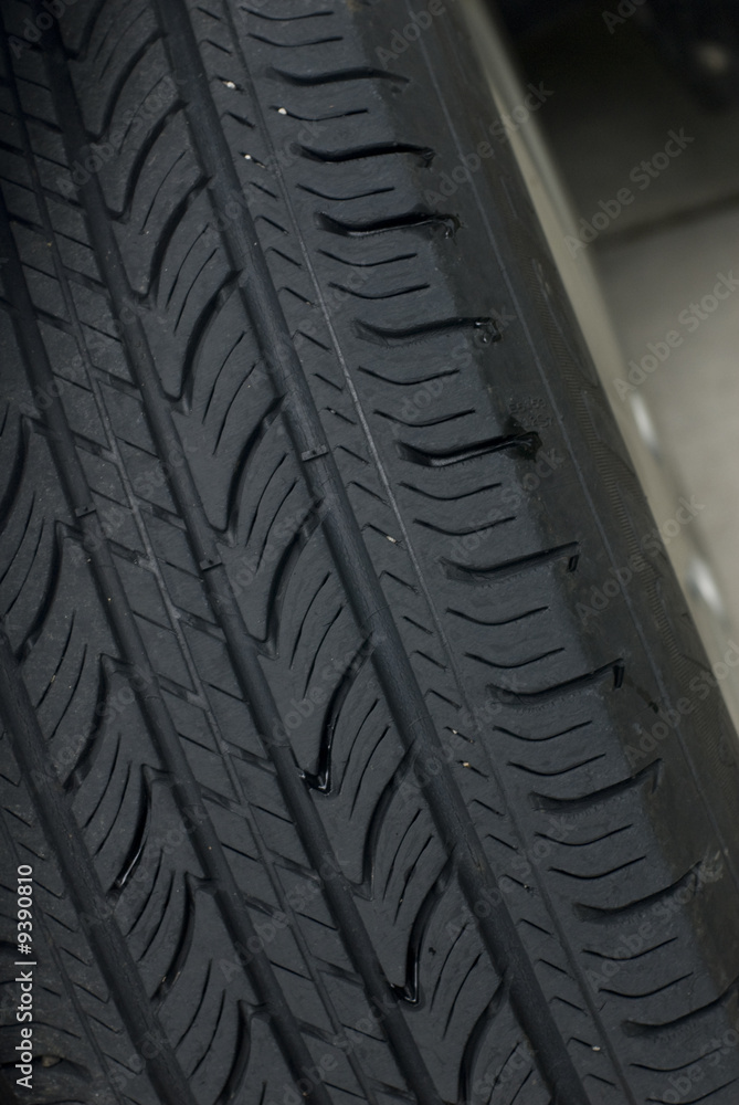 Closeup of a black car tire's tread