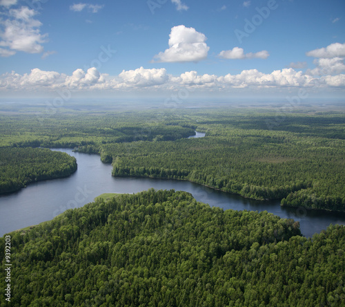 The View overhand the river on green forest plain.