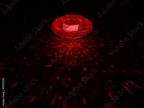 A sparkling red brilliant cut diamond on dark background