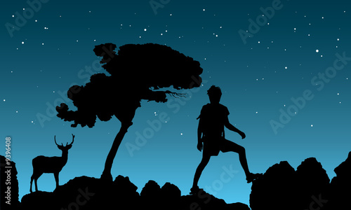 backpacker standing on top of mountain, vector illustration