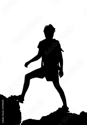 backpacker standing on top of mountain, vector illustration