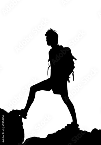 backpacker standing on top of mountain, vector illustration