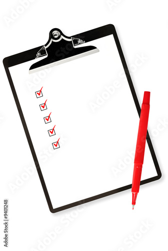 Checklist on clipboard, with red pen.