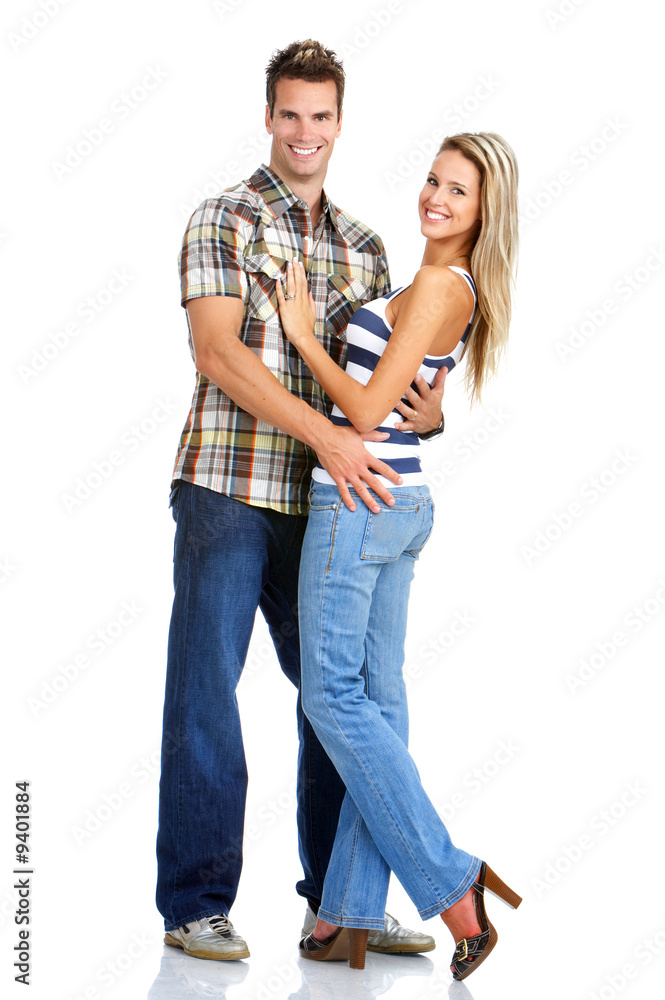 Young love couple smiling. Over white background . Young love couple smiling. Over white background .