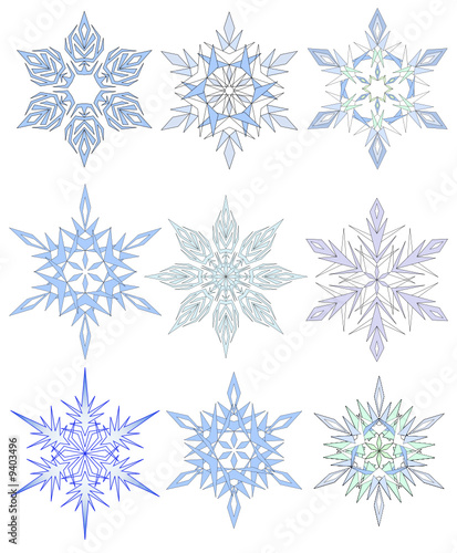 colored snowflakes and shapes on white background