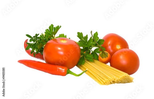 pasta and vegetables isolated on white background