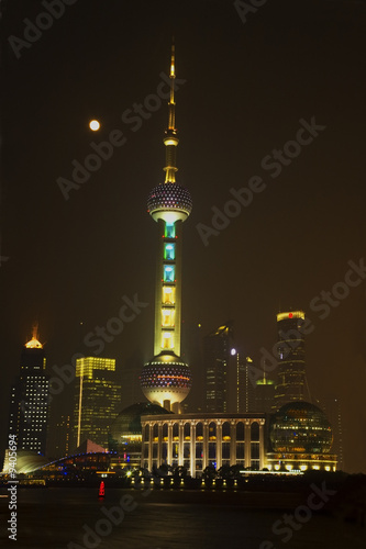 Shanghai Pudong China Skyline Night TV Tower Moon