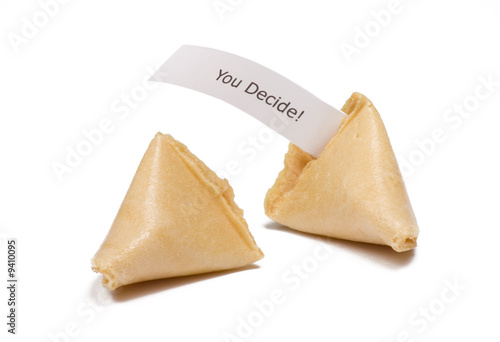 Two fortune cookies isolated on white  with you decide message