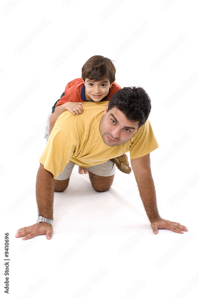 Child and Man playing together on white .