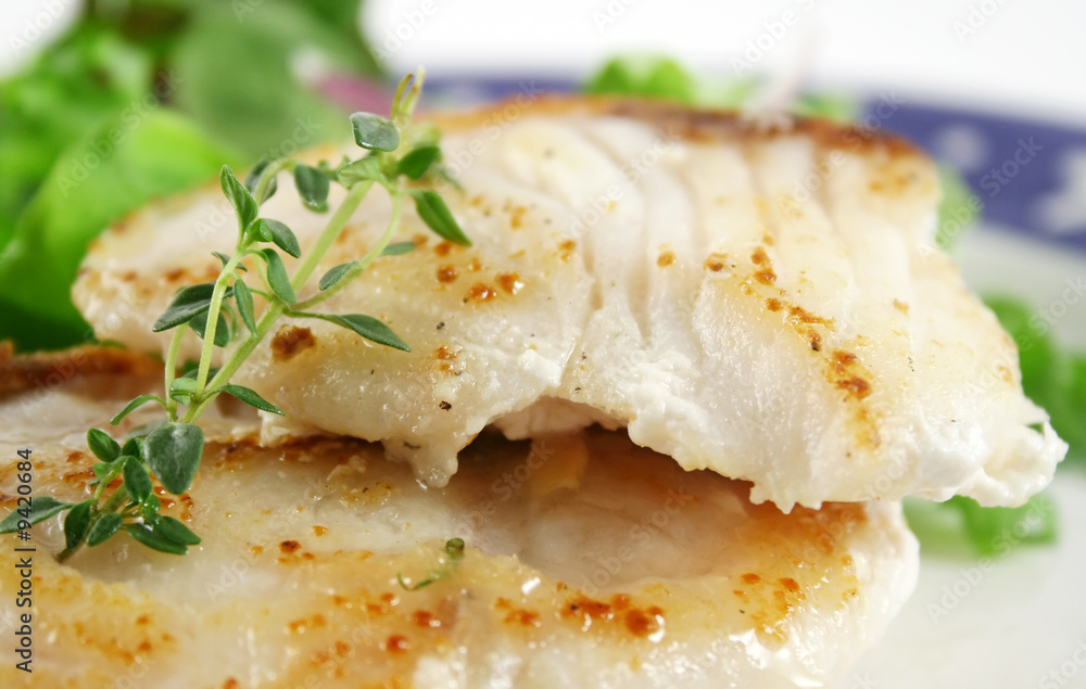 Profile close up of pan fried Sea Perch with and salad. Profile close up of pan fried Sea Perch with and salad.