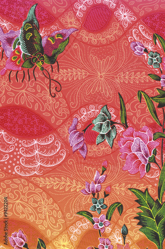 Red Batik Sarong with butterfly and floral motif