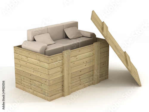 Leather sofa in an open box...