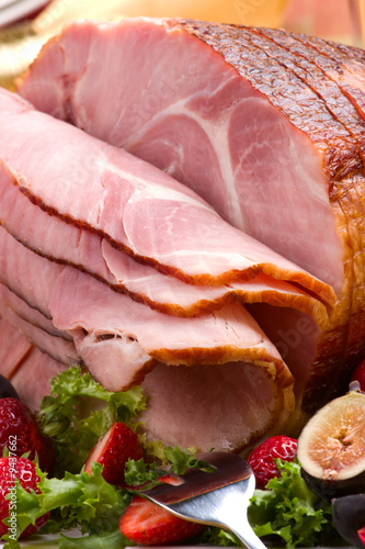 Closeup of delicious whole baked sliced ham