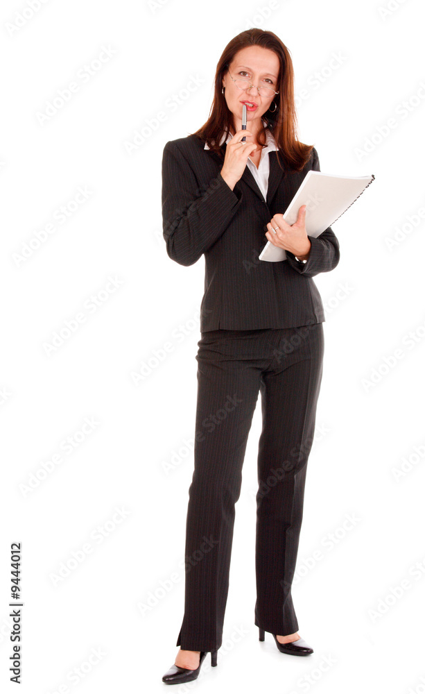 Businesswoman holding pen and notebook on white Businesswoman holding pen and notebook on white