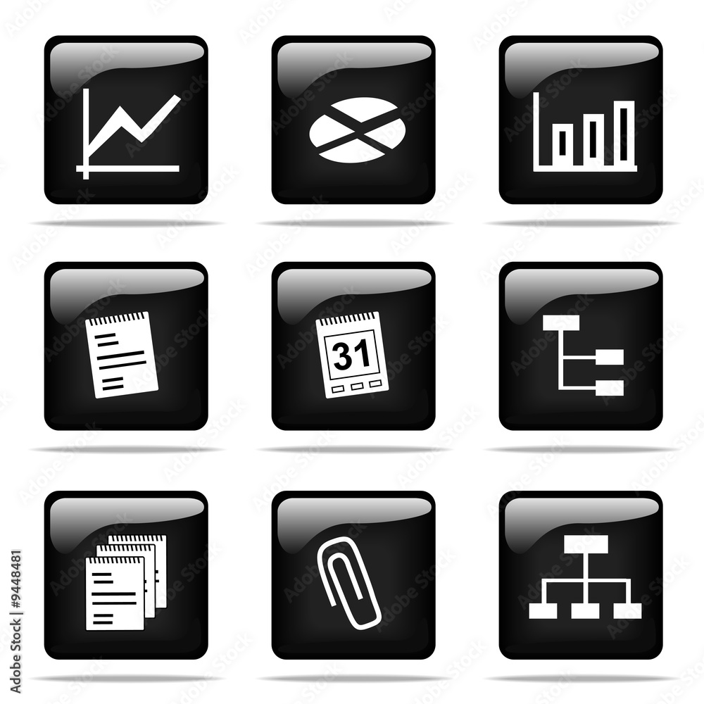 Set of glossy buttons with icons. Black and white series. Set of glossy buttons with icons. Black and white series.