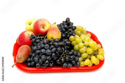 Bunches of grapes apples and pears.