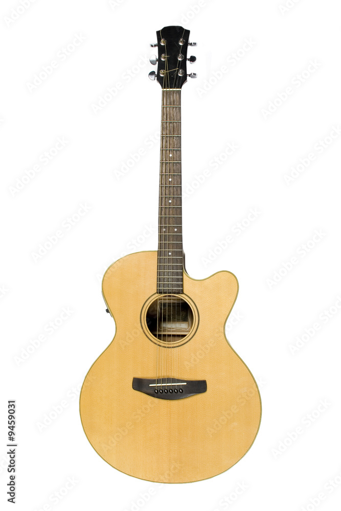 Classical yellow acoustic guitar isolated on white