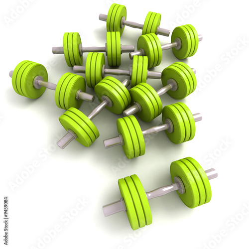 3D rendering of a group of green dumbbells
