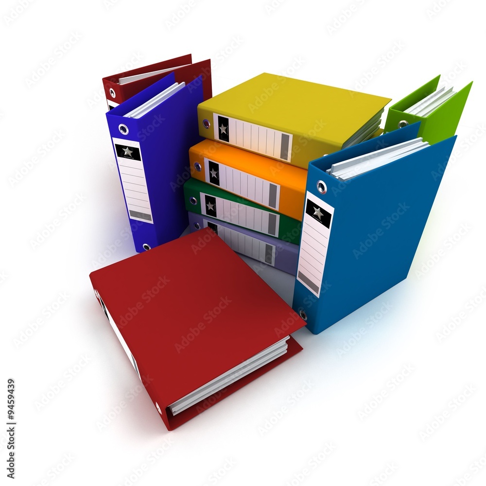 3D rendering, of a heap of brightly colored ring binders 3D rendering, of a heap of brightly colored ring binders