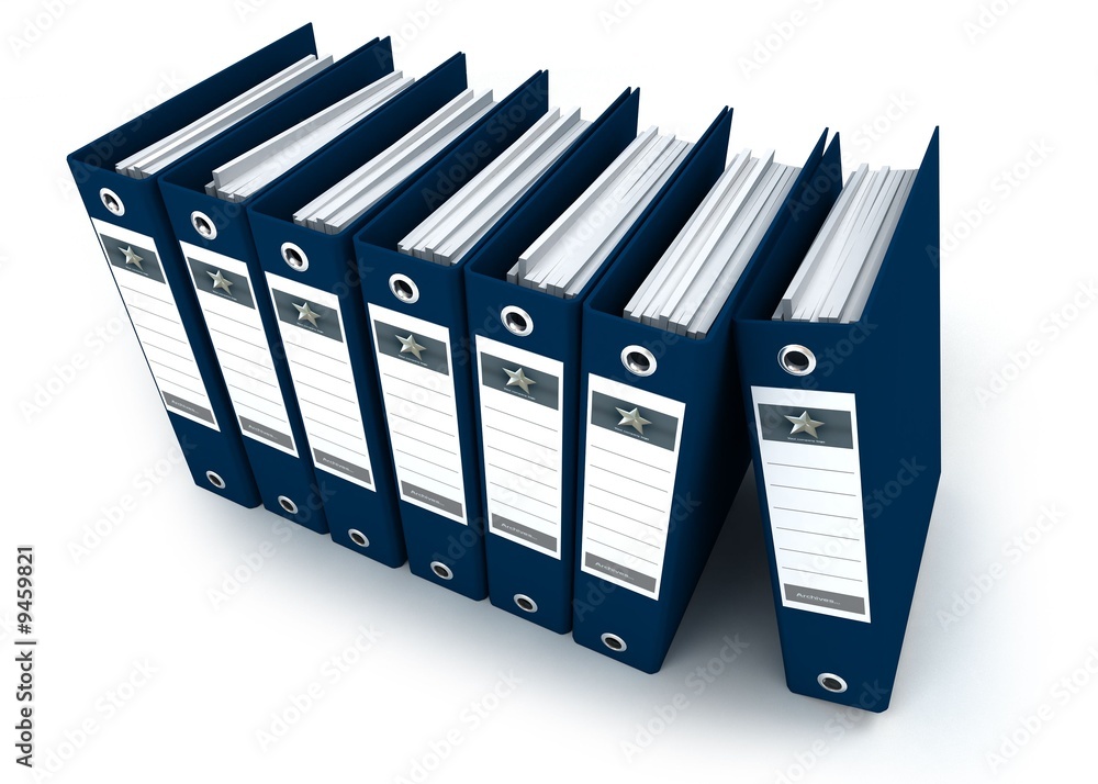 3D rendering of a row of blue ring binders