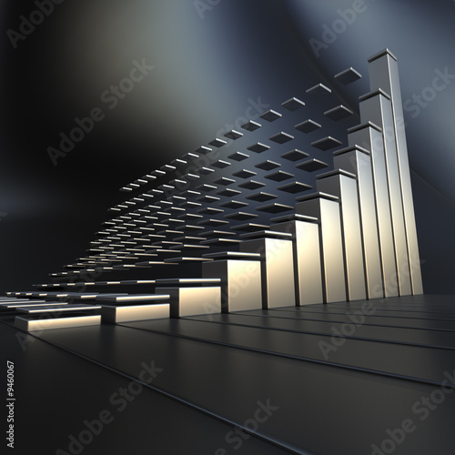 3D Business chart in metallic texture with squared particles