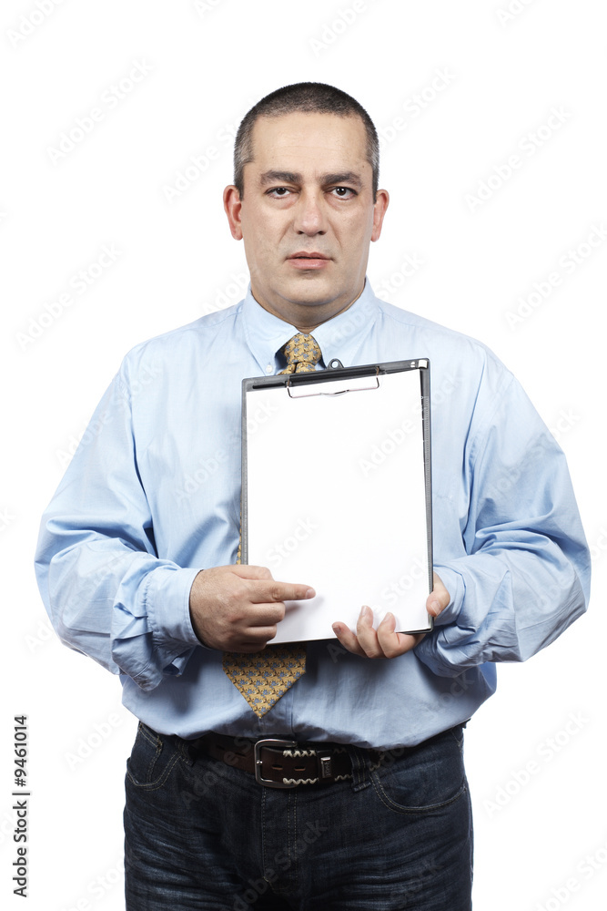 Businessman showing a clipboard, over a white background Businessman showing a clipboard, over a white background