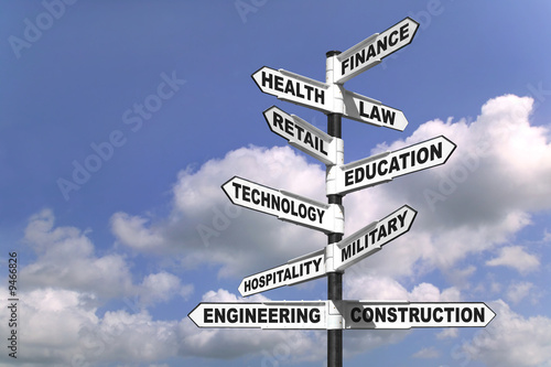 Signpost showing the way to ten different career paths