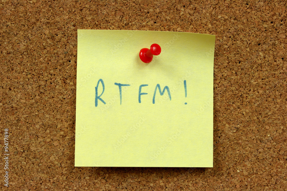 Sticky note. RTFM internet acronym: Read The F#cking Manual. Sticky note. RTFM internet acronym: Read The F#cking Manual.