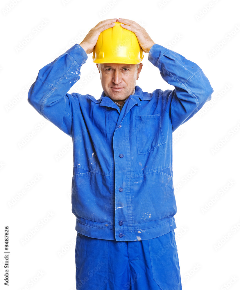 worker with hands on his hardhat. isolated on white worker with hands on his hardhat. isolated on white