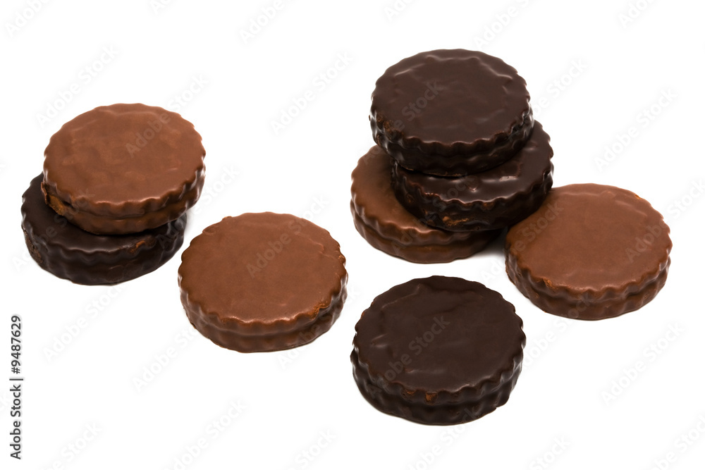 Sweet and chocolate cookies on a white background