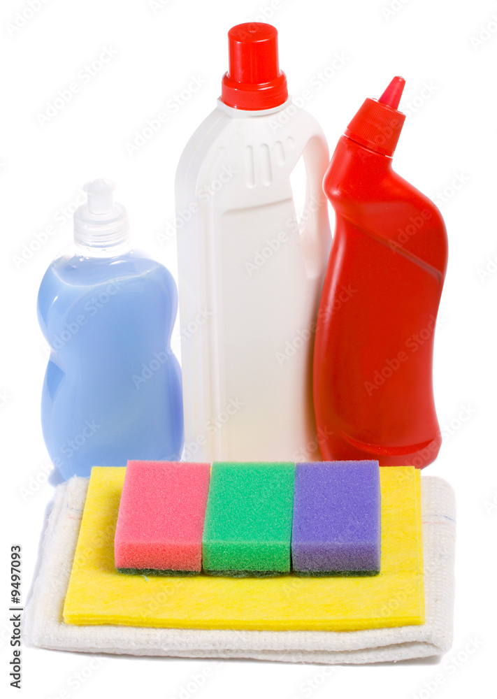 close-up cleaning tool kit, isolated on white close-up cleaning tool kit, isolated on white