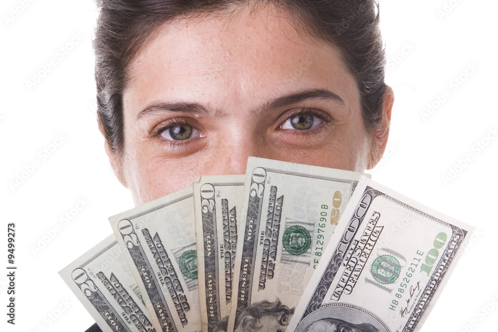 shy businesswoman showing the money she win shy businesswoman showing the money she win