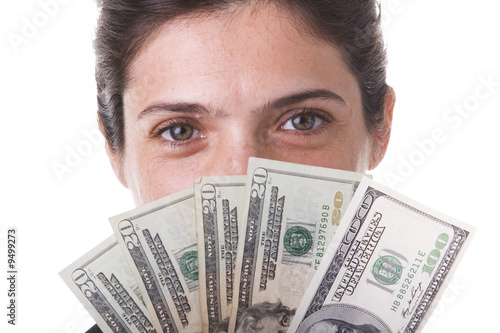Valokuva shy businesswoman showing the money she win