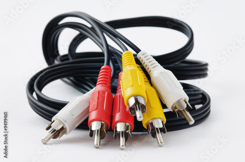 RCA cables on the white background. Narrow depth of field.