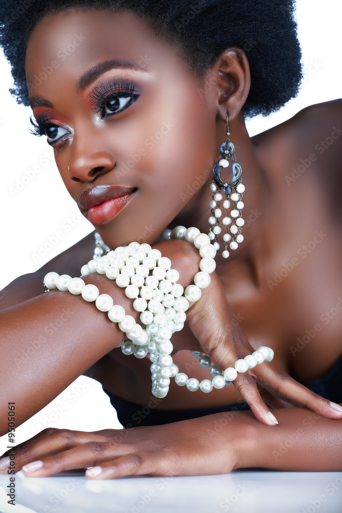 beautiful south African woman with pearl necklace Stock Photo