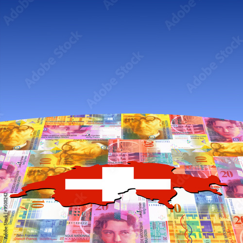 Switzerland map flag on Swiss francs globe illustration