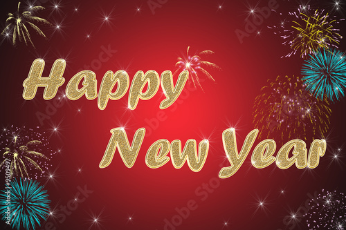 happy new year golden text on red background with stars