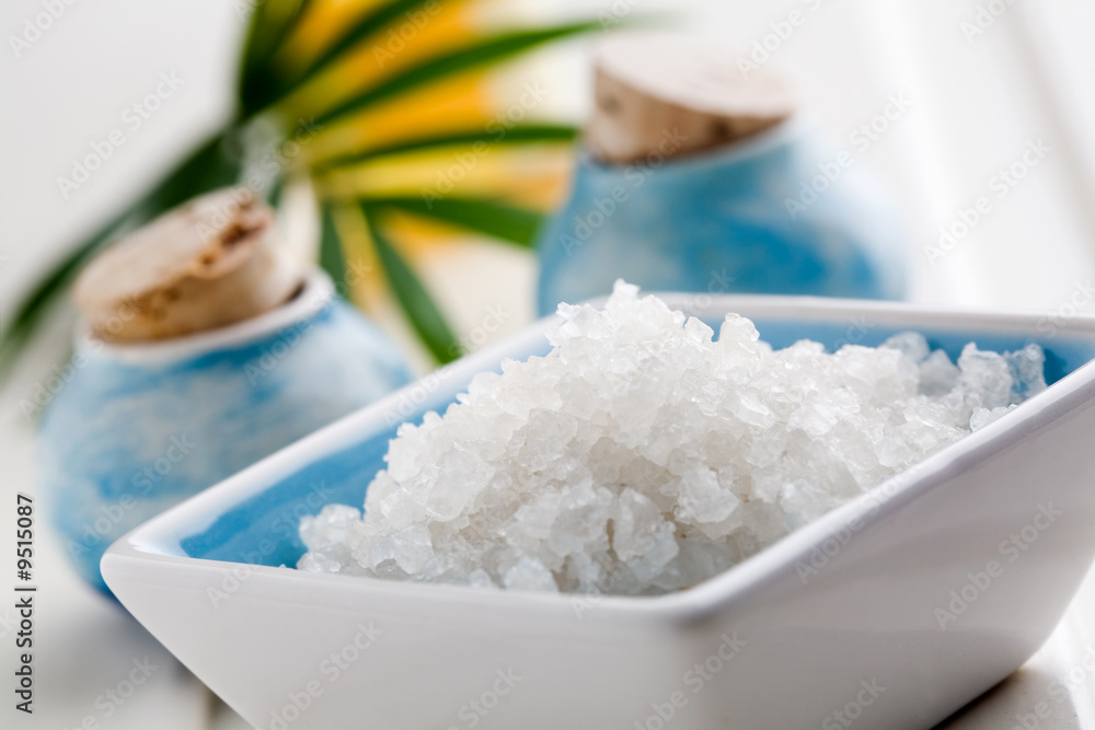 White bath salt in bowl White bath salt in bowl