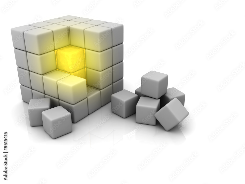 Concept illustration of a golden center in a cube. Concept illustration of a golden center in a cube.