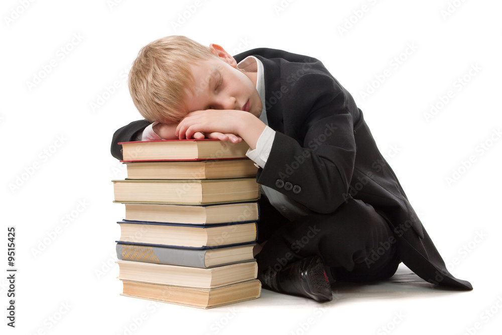 The schoolboy has fallen asleep on a pile of books. The schoolboy has fallen asleep on a pile of books.