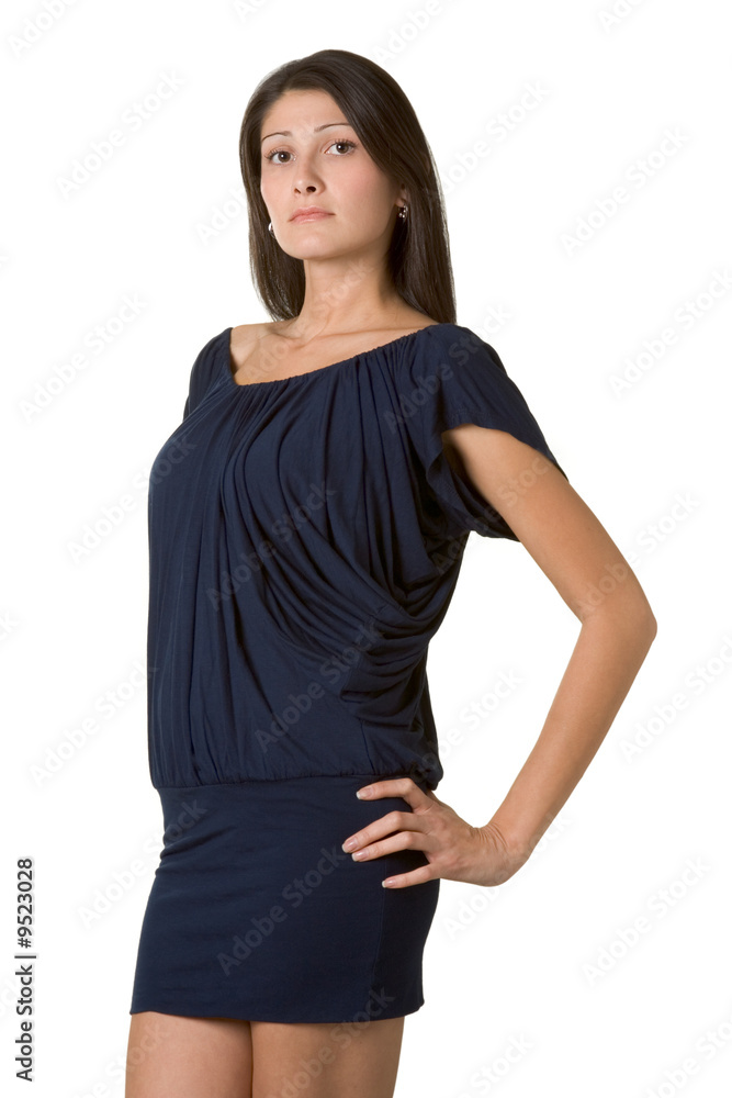 Young beautiful woman in short dark blue dress Young beautiful woman in short dark blue dress