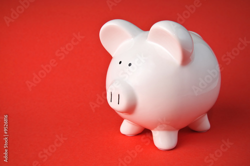 Cute Ceramic Piggy Bank Savings Isolated on Red Background